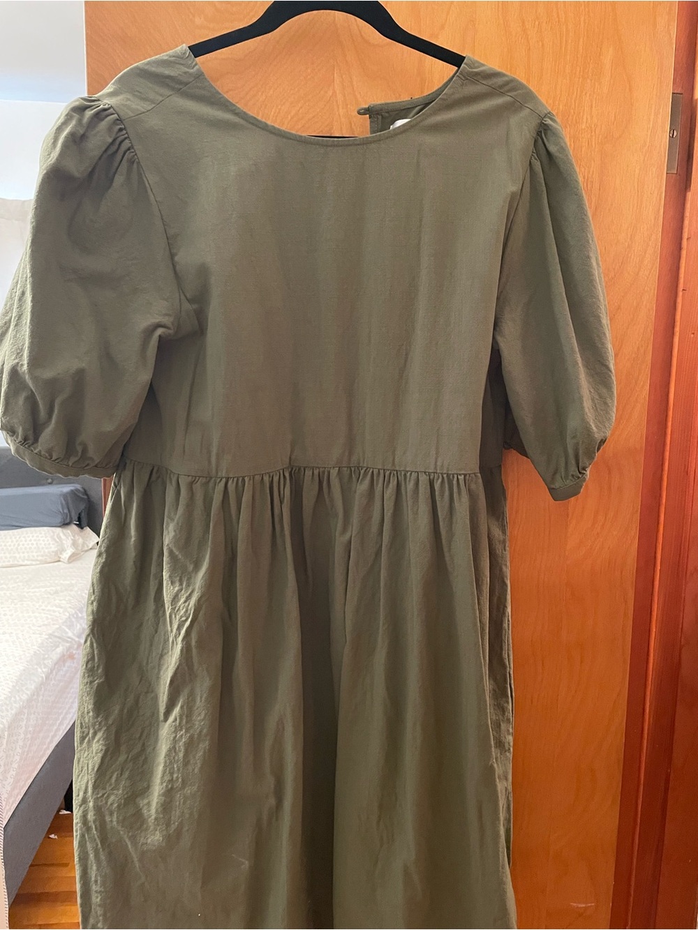 Tradlands Olive Puff-Sleeve A-Line Kids Dress